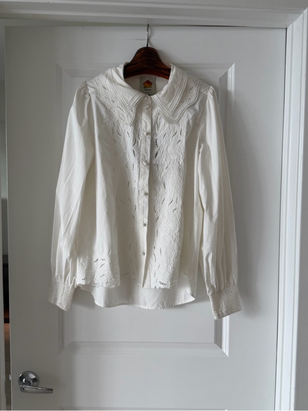 Farm Rio Off-White Embroidered Lace Buttoned Smocked Cuff Shirt - Picture 6 of 9